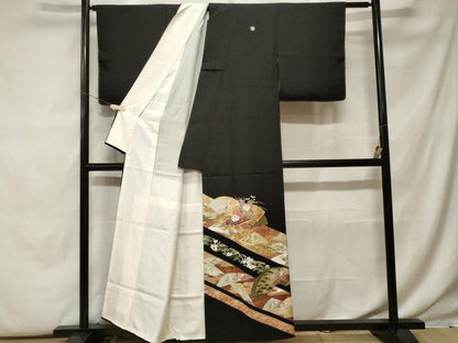 平和屋着物■豪華黒留袖　駒刺繍　松竹梅　地紙扇面花筏文　金彩　正絹　逸品　CABF9805ev