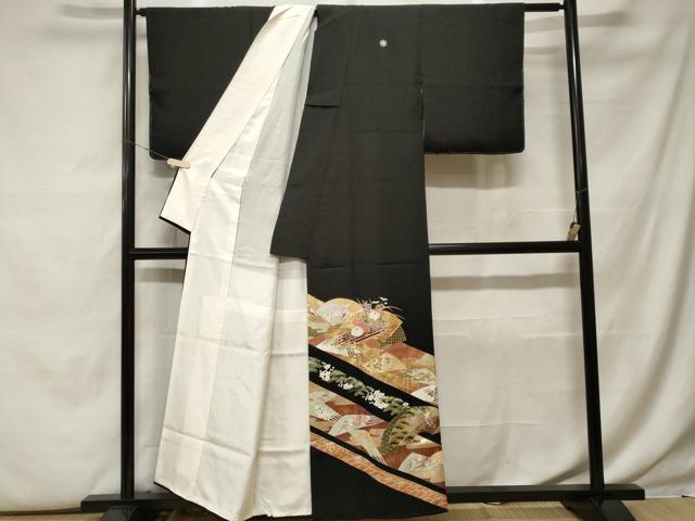 平和屋着物■豪華黒留袖　駒刺繍　松竹梅　地紙扇面花筏文　金彩　正絹　逸品　CABF9805ev
