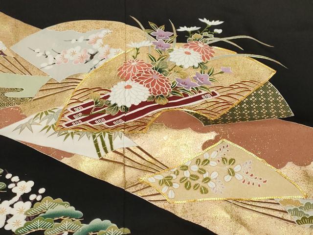 平和屋着物■豪華黒留袖　駒刺繍　松竹梅　地紙扇面花筏文　金彩　正絹　逸品　CABF9805ev