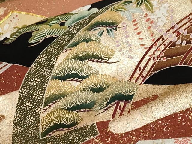平和屋着物■豪華黒留袖　駒刺繍　松竹梅　地紙扇面花筏文　金彩　正絹　逸品　CABF9805ev