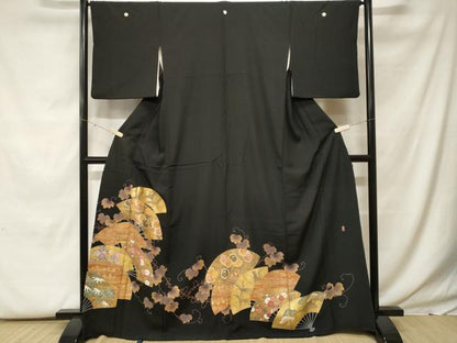 平和屋着物■豪華黒留袖　作家物　本手描友禅　京染　松竹梅蔦の葉扇面文　金彩　正絹　逸品　CABF9809ev
