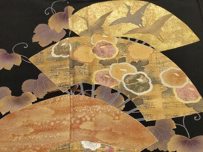 平和屋着物■豪華黒留袖　作家物　本手描友禅　京染　松竹梅蔦の葉扇面文　金彩　正絹　逸品　CABF9809ev