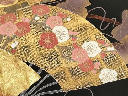 平和屋着物■豪華黒留袖　作家物　本手描友禅　京染　松竹梅蔦の葉扇面文　金彩　正絹　逸品　CABF9809ev