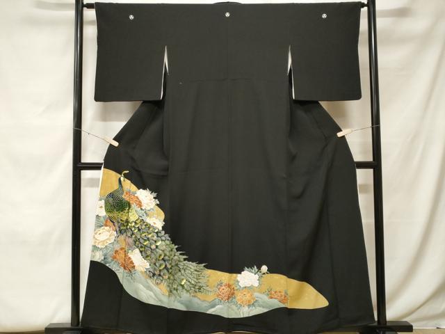 平和屋着物■豪華黒留袖　刺繍　孔雀花文　金彩　正絹　逸品　CABF9814ev