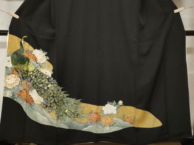 平和屋着物■豪華黒留袖　刺繍　孔雀花文　金彩　正絹　逸品　CABF9814ev