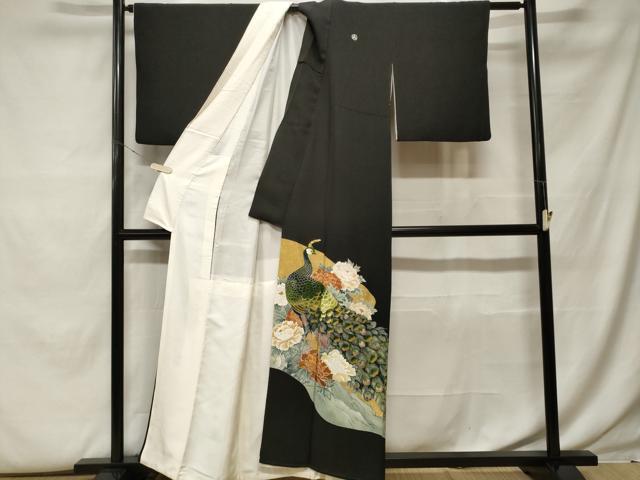 平和屋着物■豪華黒留袖　刺繍　孔雀花文　金彩　正絹　逸品　CABF9814ev