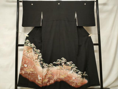 平和屋着物■豪華黒留袖　刺繍　飛鶴御所車風景文　暈し染め　金彩　正絹　逸品　CABF9819ev
