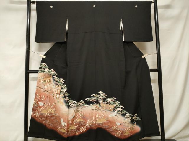 平和屋着物■豪華黒留袖　刺繍　飛鶴御所車風景文　暈し染め　金彩　正絹　逸品　CABF9819ev