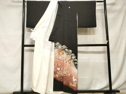 平和屋着物■豪華黒留袖　刺繍　飛鶴御所車風景文　暈し染め　金彩　正絹　逸品　CABF9819ev