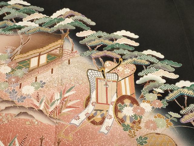 平和屋着物■豪華黒留袖　刺繍　飛鶴御所車風景文　暈し染め　金彩　正絹　逸品　CABF9819ev