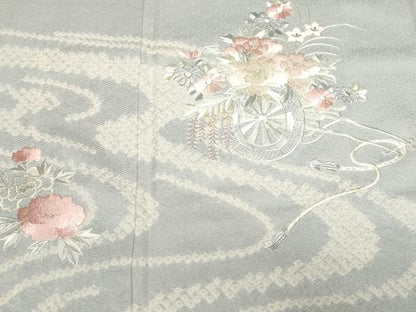 平和屋着物■訪問着　刺繍　絞り　流水花車文　銀糸　正絹　逸品　CABF9820ev