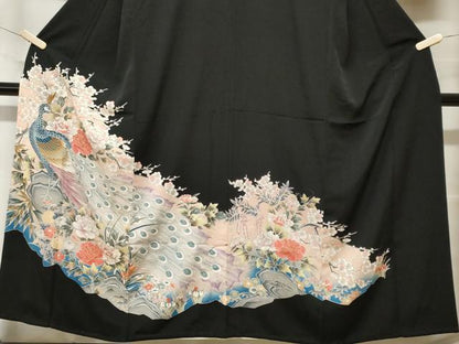 平和屋着物■豪華黒留袖　刺繍　孔雀草花文　暈し染め　金彩　正絹　逸品　CABF9828ev