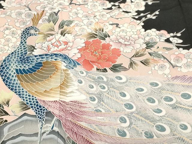 平和屋着物■豪華黒留袖　刺繍　孔雀草花文　暈し染め　金彩　正絹　逸品　CABF9828ev