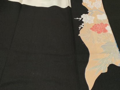 平和屋着物■豪華黒留袖　刺繍　孔雀草花文　暈し染め　金彩　正絹　逸品　CABF9828ev