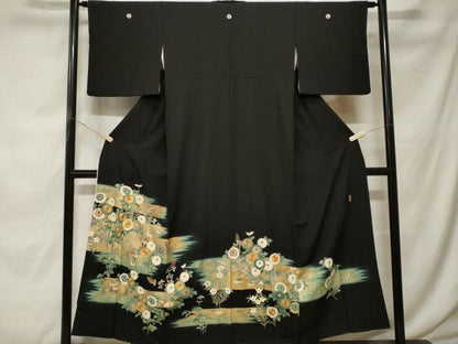 平和屋着物■豪華黒留袖　駒刺繍　枝花文　暈し染め　金彩　正絹　逸品　CABF9832ev