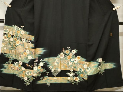 平和屋着物■豪華黒留袖　駒刺繍　枝花文　暈し染め　金彩　正絹　逸品　CABF9832ev