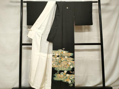 平和屋着物■豪華黒留袖　駒刺繍　枝花文　暈し染め　金彩　正絹　逸品　CABF9832ev