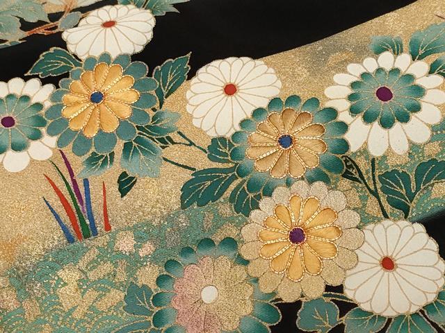 平和屋着物■豪華黒留袖　駒刺繍　枝花文　暈し染め　金彩　正絹　逸品　CABF9832ev
