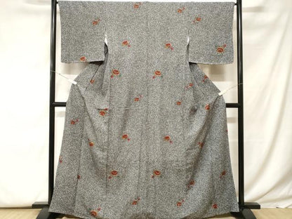 平和屋着物■上質な小紋　舞花文　たたき染め　黒地　金彩　正絹　逸品　CABF9865ev