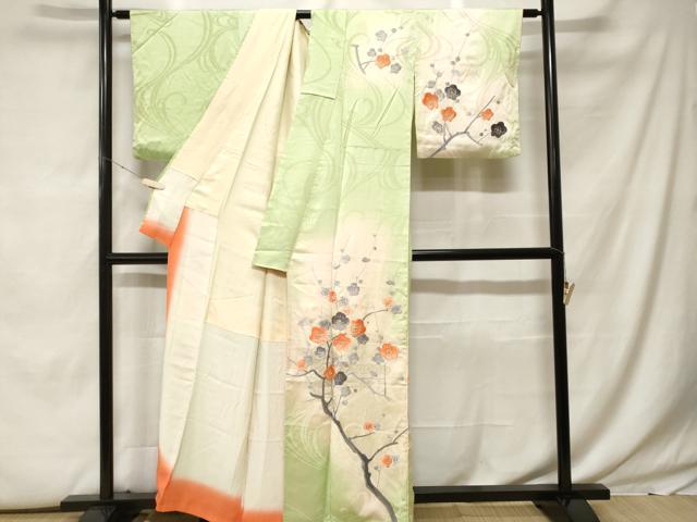 平和屋着物■訪問着　総刺繍　駒刺繍　枝梅文　暈し染め　金銀糸　正絹　逸品　CABF9869ev