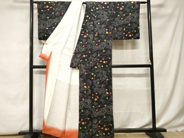 平和屋着物□上質な小紋 絞り 枝花文 黒地 正絹 逸品 CABF9883ev