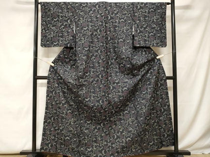 平和屋着物■小紋 花唐草文 黒地 洗える着物 CABF9906ev