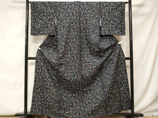 平和屋着物■小紋 花唐草文 黒地 洗える着物 CABF9906ev