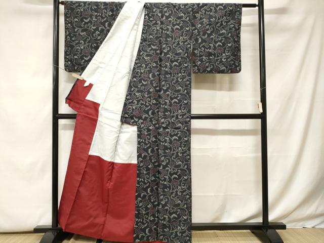 平和屋着物■小紋 花唐草文 黒地 洗える着物 CABF9906ev