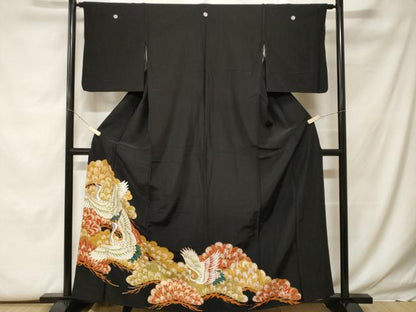 平和屋着物■黒留袖　刺繍　飛鶴松葉文　暈し染め　金彩　洗える着物　CABF9907ev