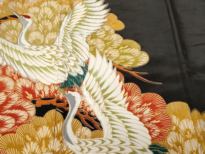 平和屋着物■黒留袖　刺繍　飛鶴松葉文　暈し染め　金彩　洗える着物　CABF9907ev