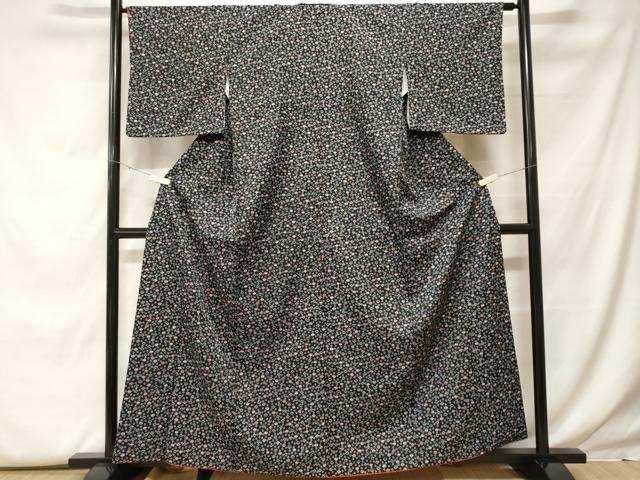 平和屋着物■小紋 松花文 黒地 洗える着物 CABF9910ev