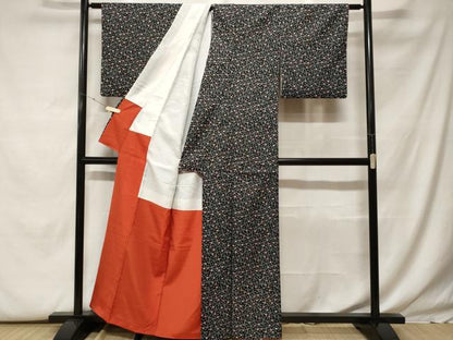 平和屋着物■小紋 松花文 黒地 洗える着物 CABF9910ev