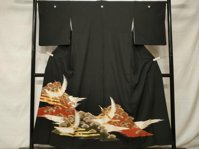 平和屋着物■豪華黒留袖　駒刺繍　遠山飛鶴松文　金彩　正絹　逸品　CABF9934ev