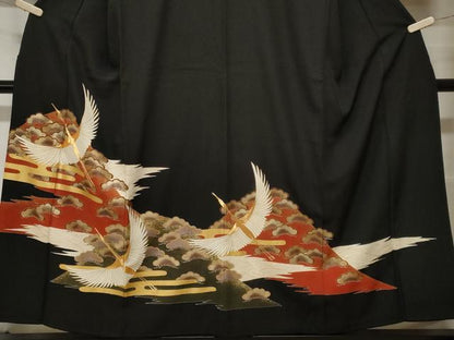 平和屋着物■豪華黒留袖　駒刺繍　遠山飛鶴松文　金彩　正絹　逸品　CABF9934ev