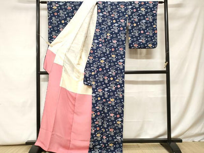 平和屋着物■上質な小紋　型染め　梅花文　鬼しぼ縮緬　正絹　逸品　CABF9940ev
