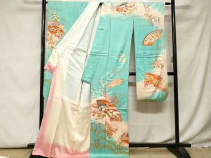 平和屋着物■豪華振袖　駒刺繍　地紙風景文　暈し染め　金銀彩　正絹　逸品　CABF9949ev