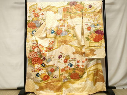 平和屋着物■豪華振袖　駒刺繍　屏風草花文　正絹　逸品　CABF9954ev