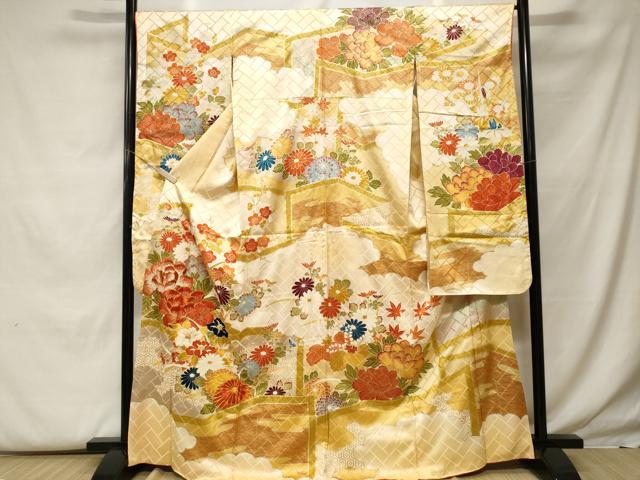 平和屋着物■豪華振袖　駒刺繍　屏風草花文　正絹　逸品　CABF9954ev