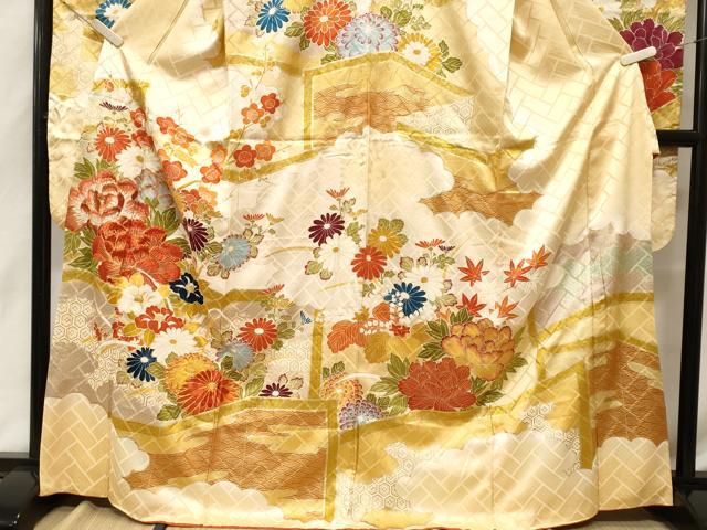 平和屋着物■豪華振袖　駒刺繍　屏風草花文　正絹　逸品　CABF9954ev