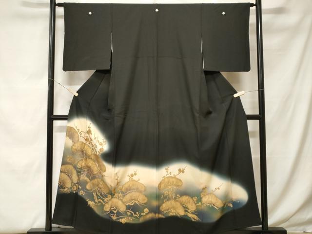 平和屋着物■豪華黒留袖　手描き　松梅文　暈し染め　金彩　正絹　逸品　CABF9955ev