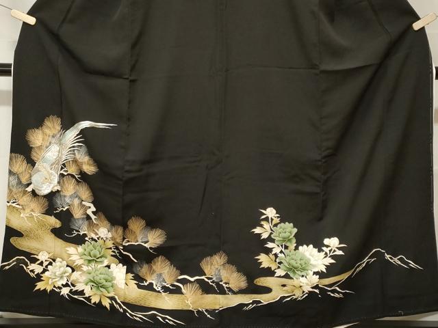 平和屋着物■豪華黒留袖　駒刺繍　流水尾長鳥松葉花文　金彩　正絹　逸品　CABF9985ev