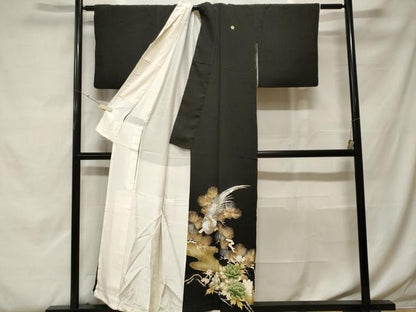 平和屋着物■豪華黒留袖　駒刺繍　流水尾長鳥松葉花文　金彩　正絹　逸品　CABF9985ev