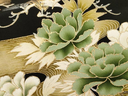 平和屋着物■豪華黒留袖　駒刺繍　流水尾長鳥松葉花文　金彩　正絹　逸品　CABF9985ev