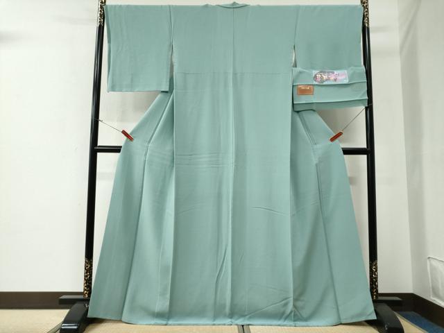 平和屋着物●上質な色無地　粋彩華　四季草木染　青竹色　反端付き　正絹　逸品　CABG0002yc