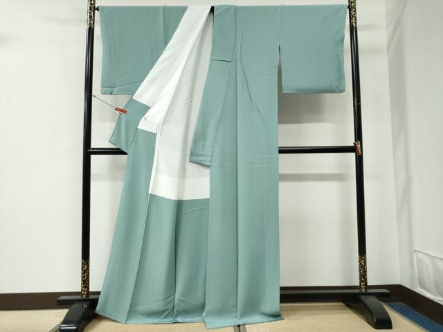 平和屋着物●上質な色無地　粋彩華　四季草木染　青竹色　反端付き　正絹　逸品　CABG0002yc
