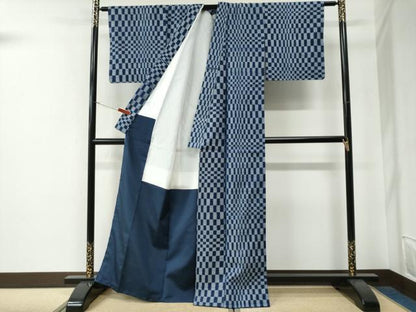 平和屋着物●上質な紬　変わり市松文　正絹　逸品　未使用　CABG0017yc