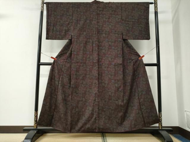 平和屋着物▼上質な小紋　紬地　更紗花唐草文　正絹　逸品　CABG0026yc