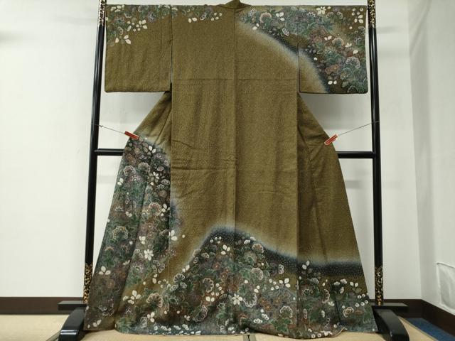 平和屋着物●訪問着　更紗花文　暈し染め　金通し地　ロング丈　正絹　逸品　CABG0028yc
