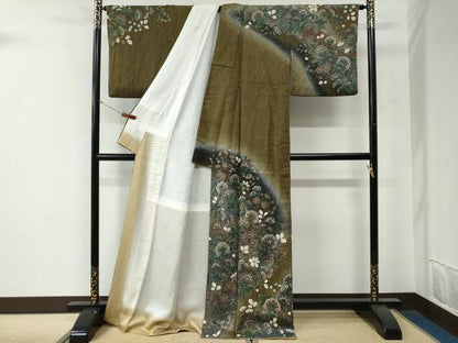 平和屋着物●訪問着　更紗花文　暈し染め　金通し地　ロング丈　正絹　逸品　CABG0028yc