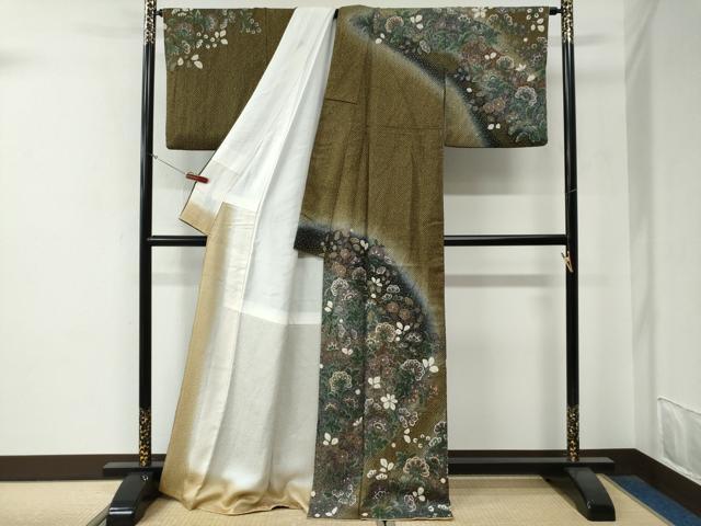 平和屋着物●訪問着　更紗花文　暈し染め　金通し地　ロング丈　正絹　逸品　CABG0028yc
